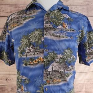 ISLAND SHORES PALM TREES SHORT SLEEVE BLUE OCEAN HAWAIIAN BUTTON UP SHIRT MENS S